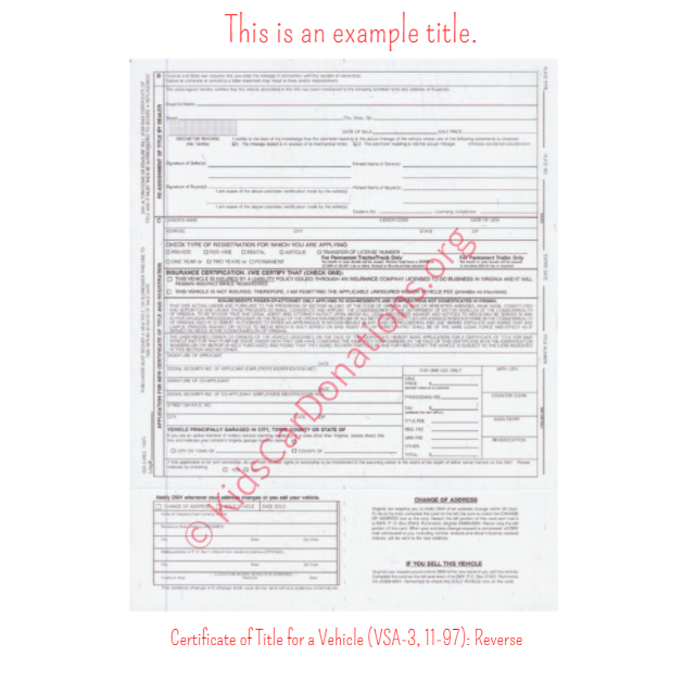 This is an Example of Virginia Certificate of Title for a Vehicle (VSA-3, 11-97) Reverse View | Kids Car Donations